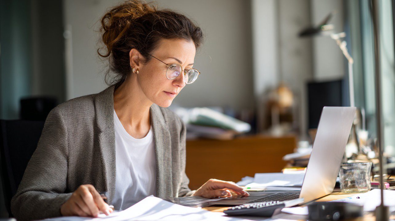 Professional working confidently at desk with private AI assistant
